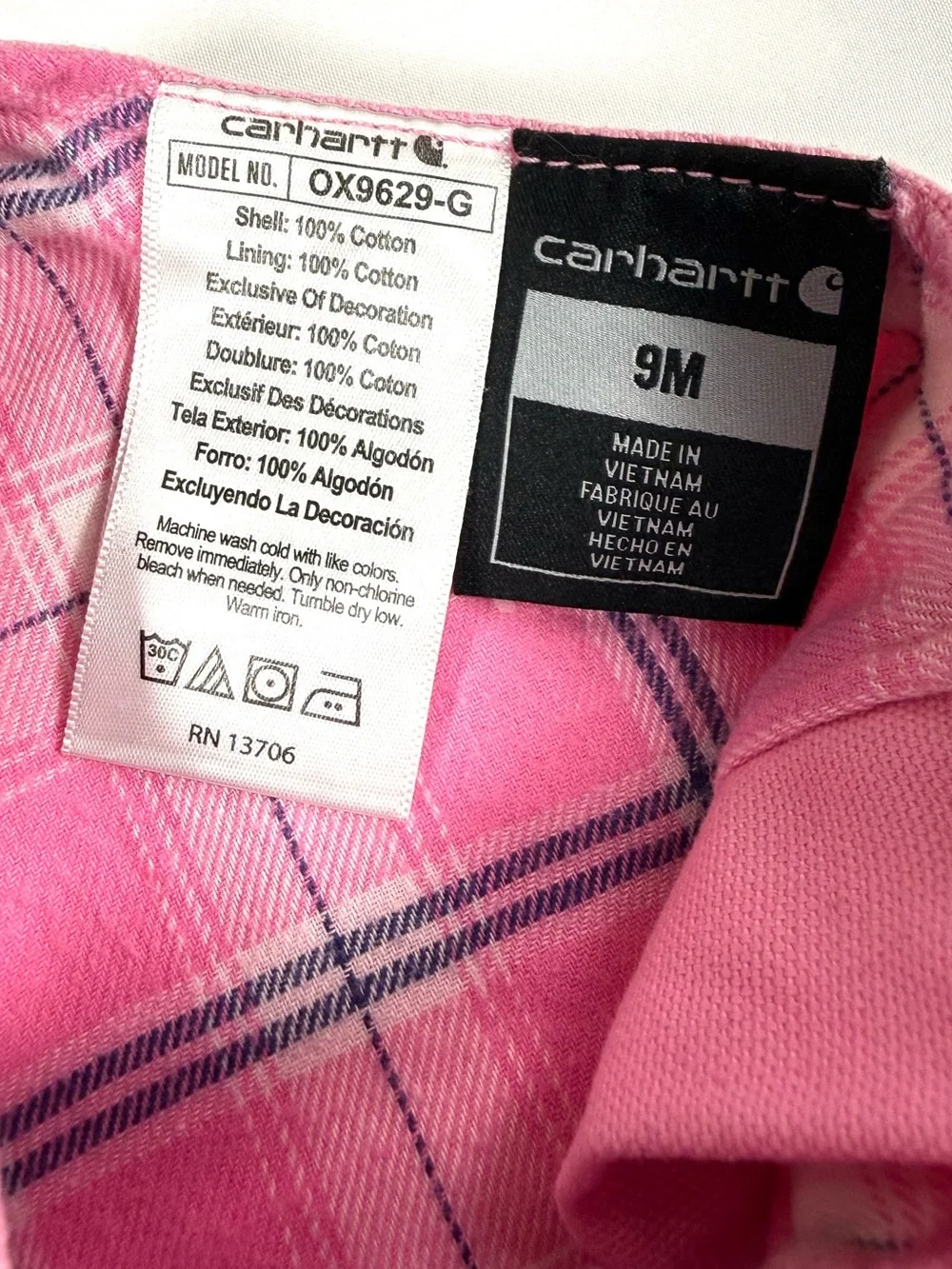 CARHARTT Girls Canvas Bib Overalls 9M Pink Plaid Lined Workwear Farmcore Western